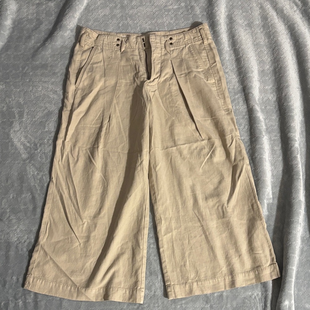 Beige Wide-Leg Cropped Pants